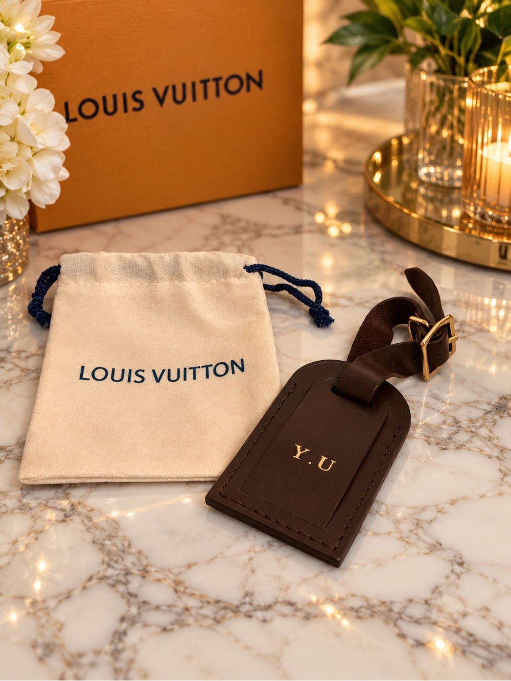 Louis Vuitton Brown Leather Monogrammed Luggage Tag with Gold Hardware
